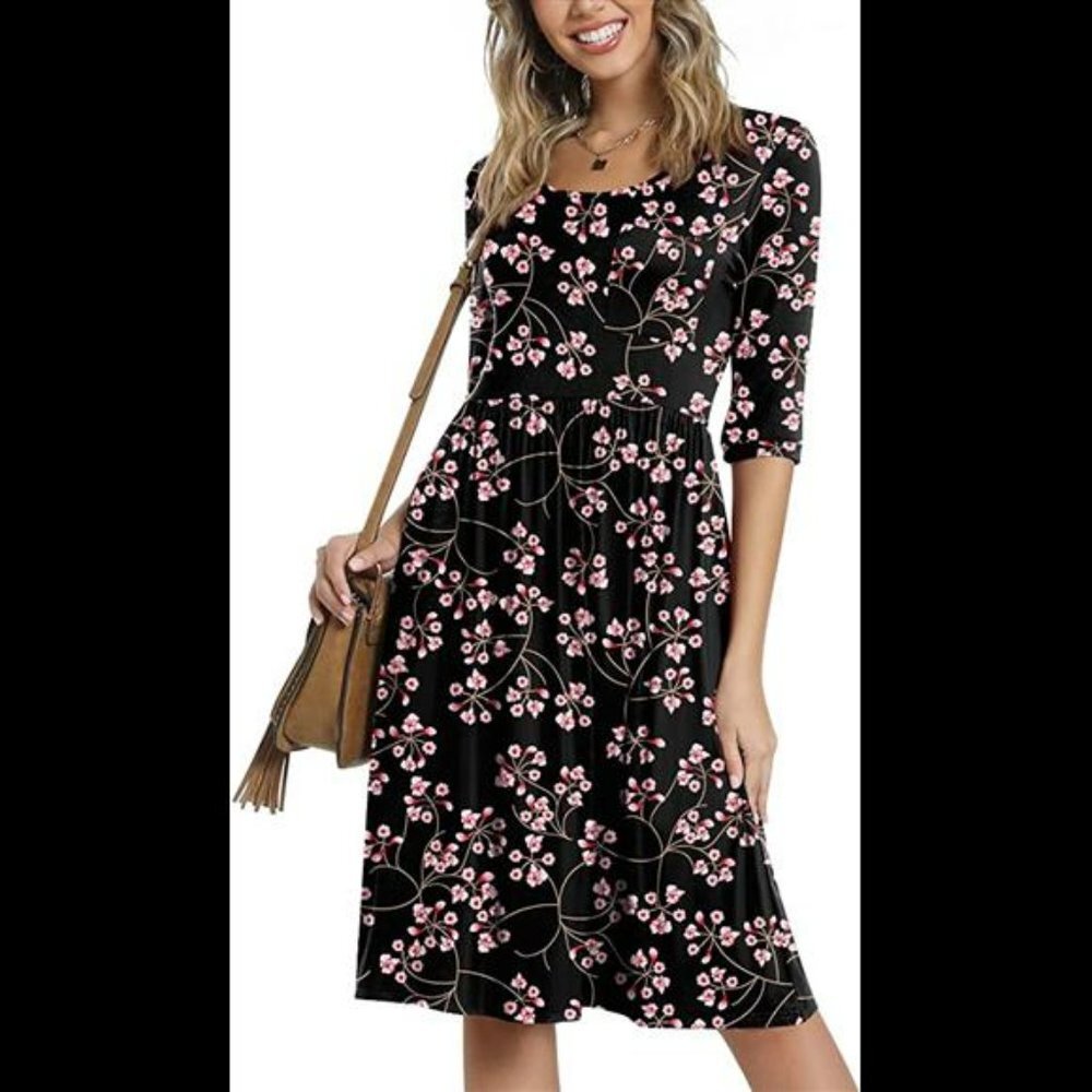 Women's 3/4 Sleeve 2022 Casual High Waist Round Neck Midi Dress with Pockets